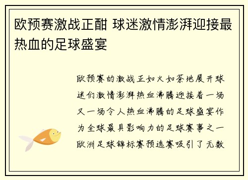 欧预赛激战正酣 球迷激情澎湃迎接最热血的足球盛宴