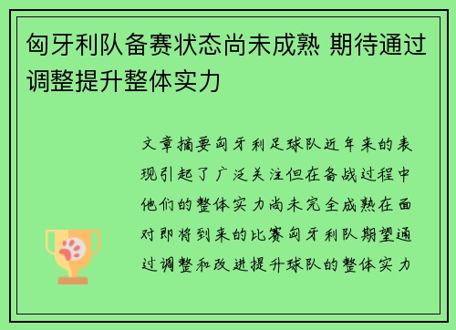 匈牙利队备赛状态尚未成熟 期待通过调整提升整体实力