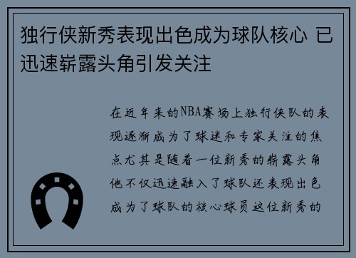 独行侠新秀表现出色成为球队核心 已迅速崭露头角引发关注
