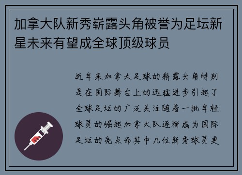 加拿大队新秀崭露头角被誉为足坛新星未来有望成全球顶级球员