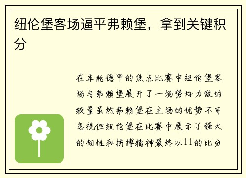 纽伦堡客场逼平弗赖堡，拿到关键积分