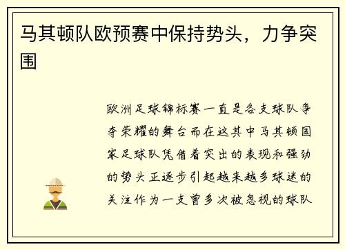 马其顿队欧预赛中保持势头，力争突围